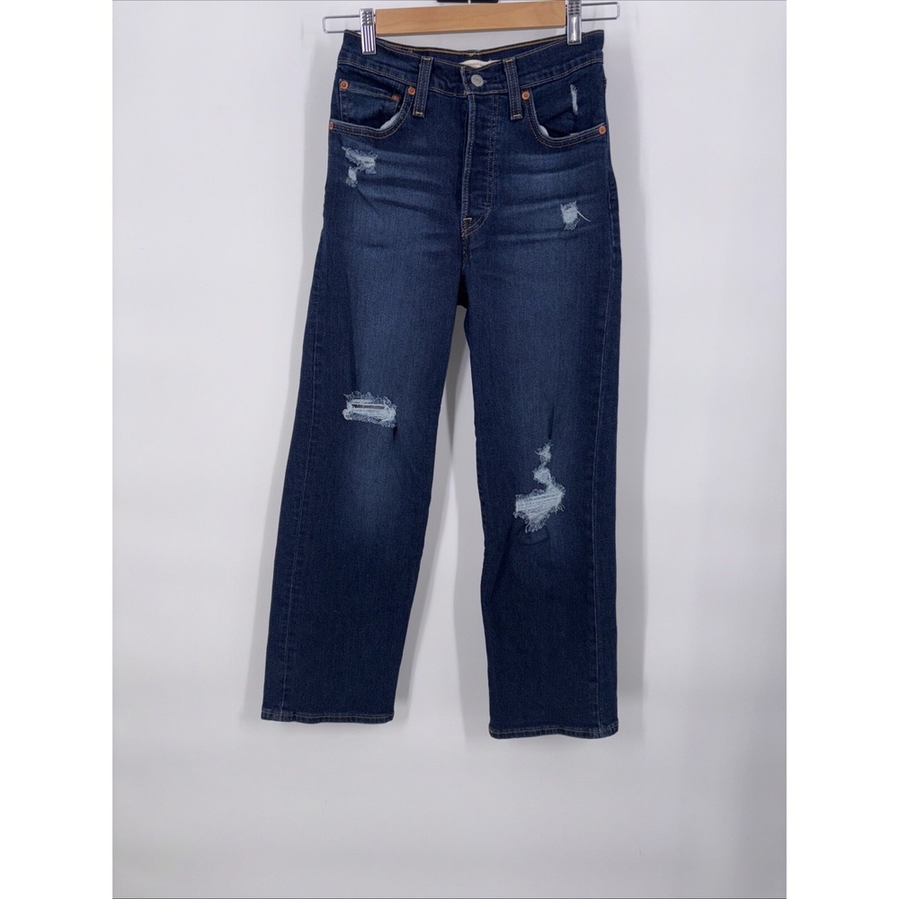 Levis Womens Ribcage Straight Ankle Jeans 24 Dark Washed Distressed Classic